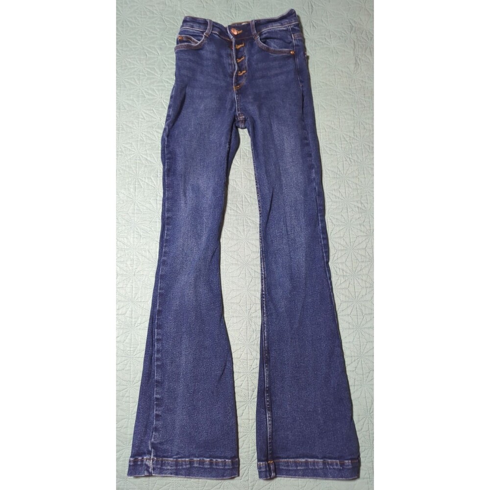 Zara Z1975 Flare Fit Button Denim Sz 2 Exposed Button Fly High-Rise Dark Wash